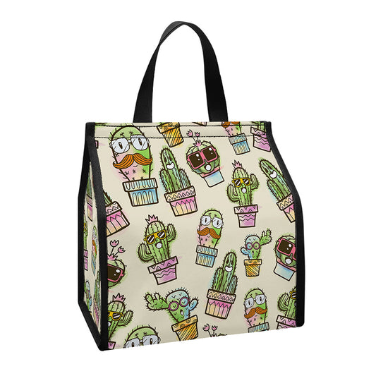 Cute Cartoon Cactus Pattern Print Insulated Lunch Tote