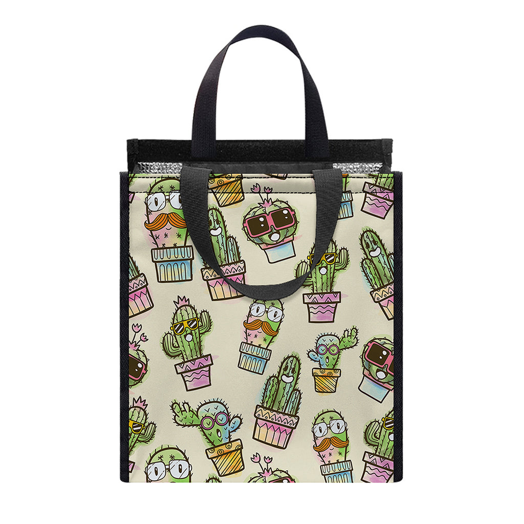 Cute Cartoon Cactus Pattern Print Insulated Lunch Tote