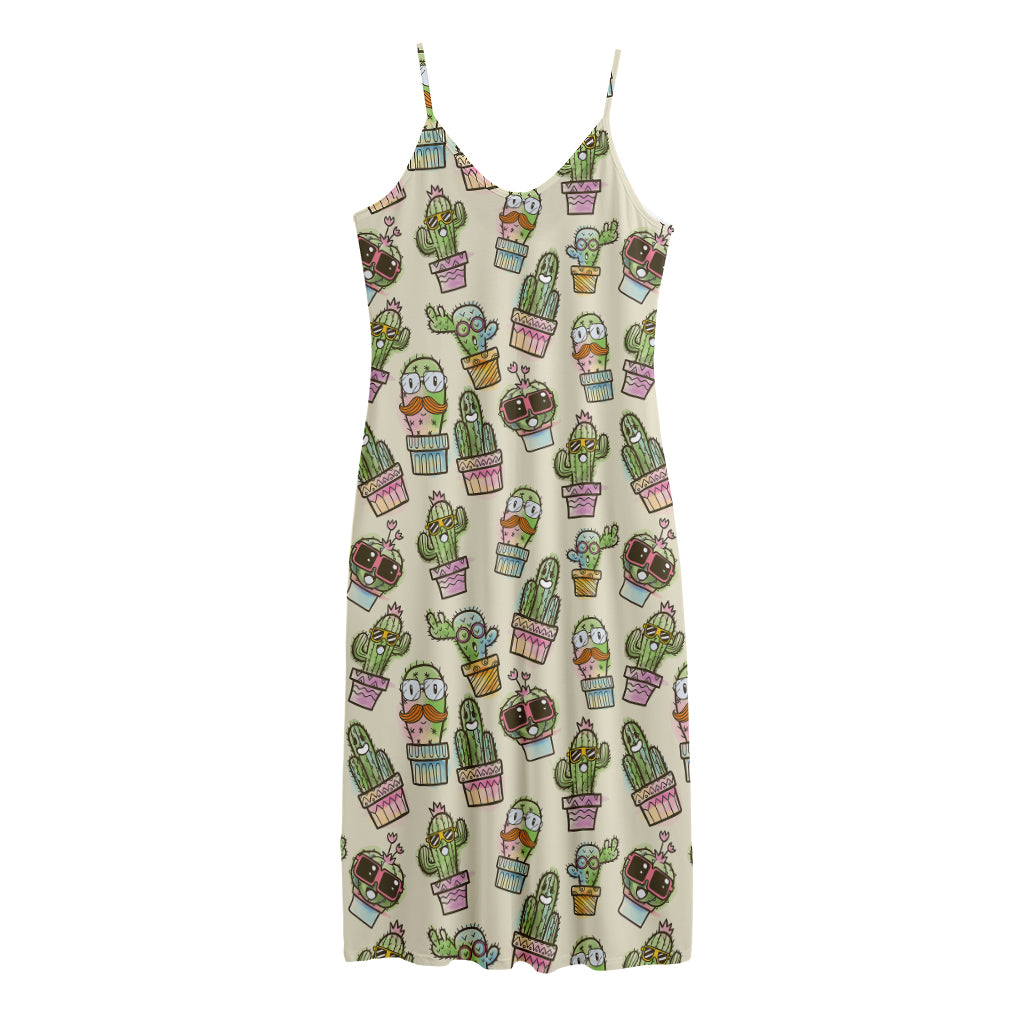 Cute Cartoon Cactus Pattern Print Jersey Midi Cami Dress
