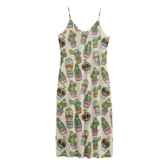 Cute Cartoon Cactus Pattern Print Jersey Midi Cami Dress