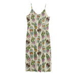 Cute Cartoon Cactus Pattern Print Jersey Midi Cami Dress