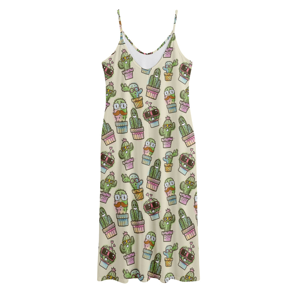 Cute Cartoon Cactus Pattern Print Jersey Midi Cami Dress