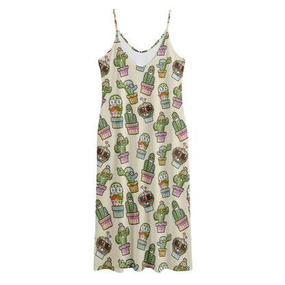 Cute Cartoon Cactus Pattern Print Jersey Midi Cami Dress