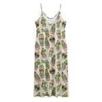 Cute Cartoon Cactus Pattern Print Jersey Midi Cami Dress