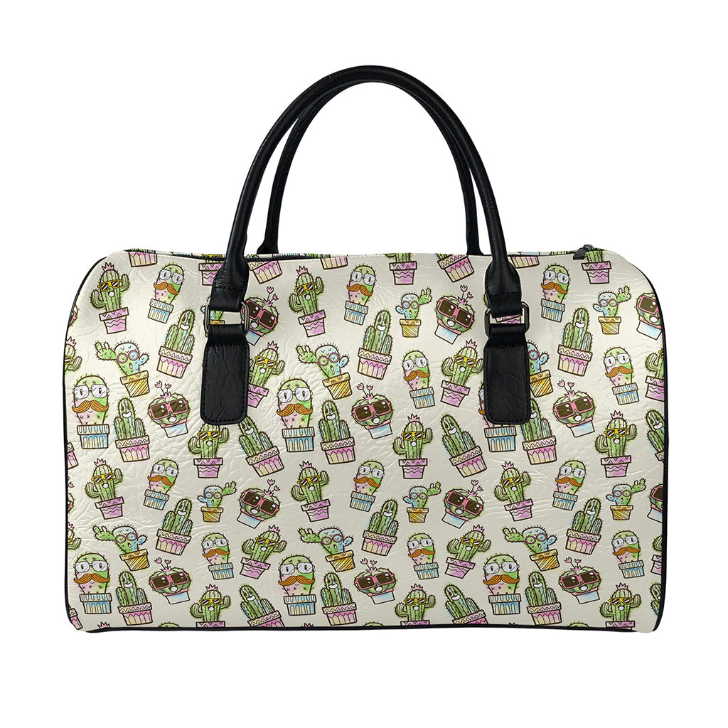 Cute Cartoon Cactus Pattern Print Leather Duffle Bag