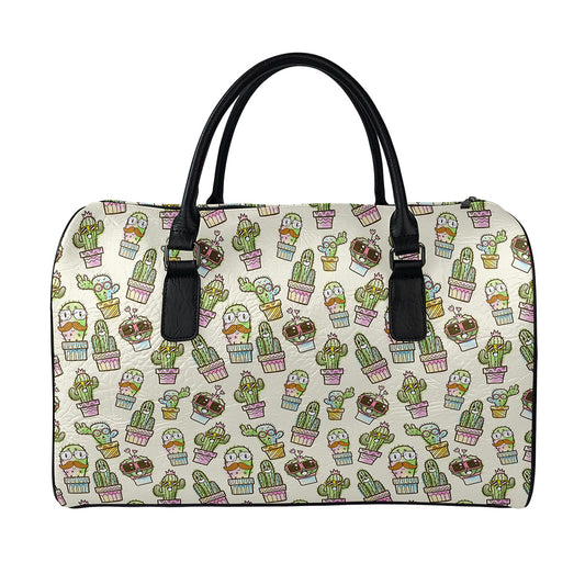 Cute Cartoon Cactus Pattern Print Leather Duffle Bag