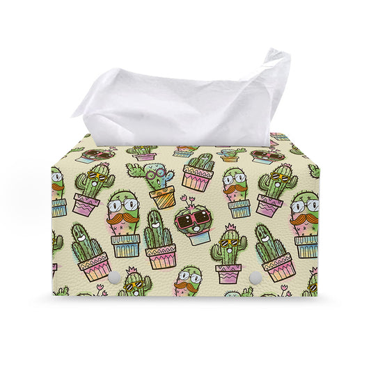 Cute Cartoon Cactus Pattern Print Leather Tissue Box Cover