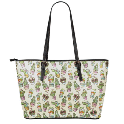 Cute Cartoon Cactus Pattern Print Leather Tote Bag