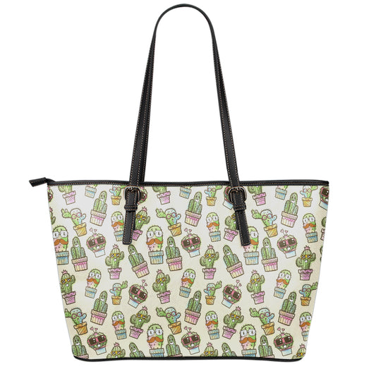 Cute Cartoon Cactus Pattern Print Leather Tote Bag