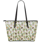 Cute Cartoon Cactus Pattern Print Leather Tote Bag