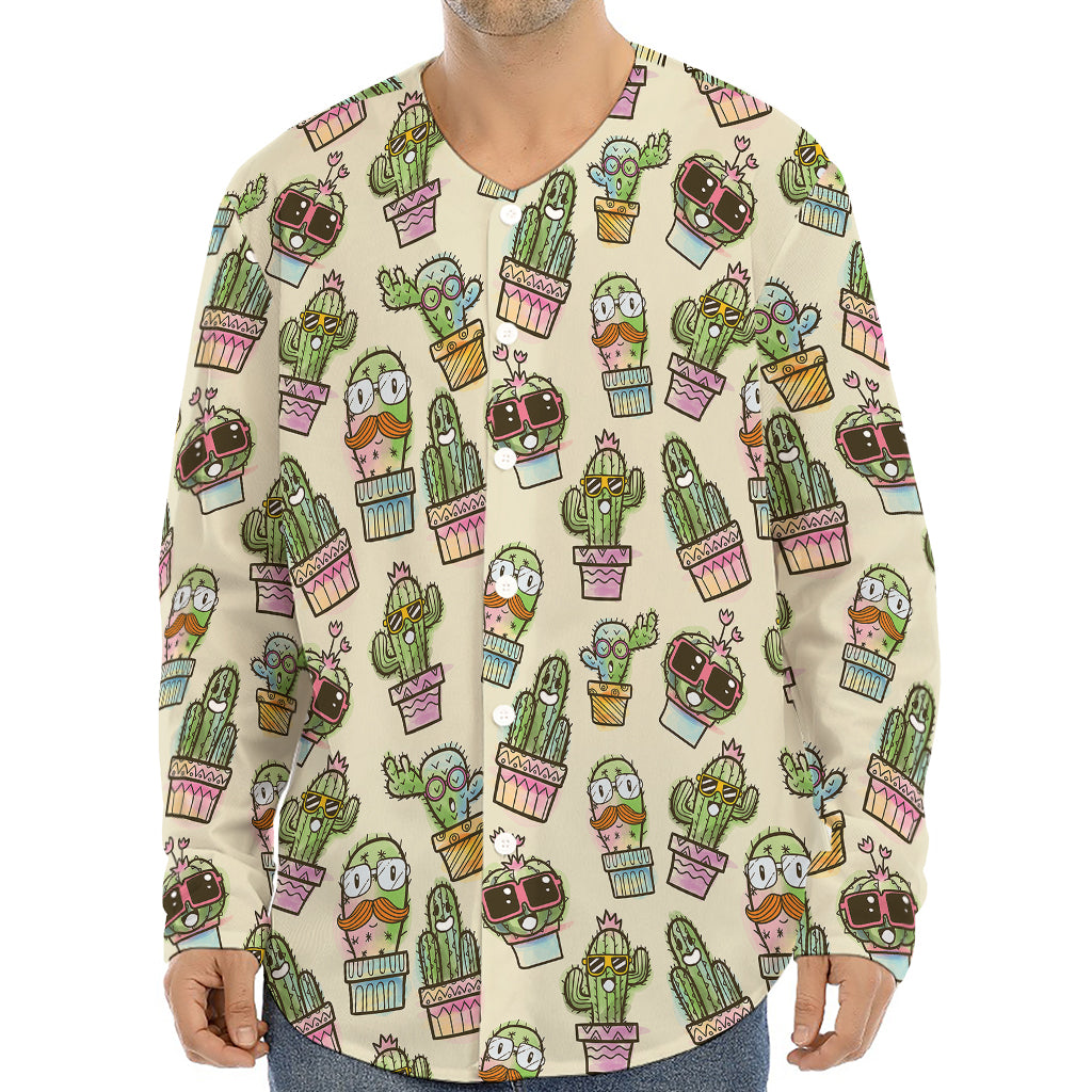 Cute Cartoon Cactus Pattern Print Long Sleeve Baseball Jersey
