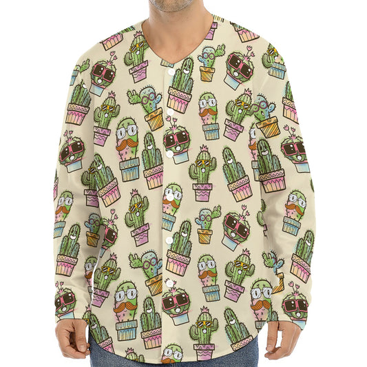 Cute Cartoon Cactus Pattern Print Long Sleeve Baseball Jersey