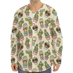 Cute Cartoon Cactus Pattern Print Long Sleeve Baseball Jersey