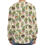 Cute Cartoon Cactus Pattern Print Long Sleeve Baseball Jersey