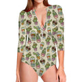 Cute Cartoon Cactus Pattern Print Long Sleeve Swimsuit