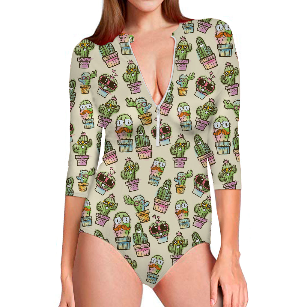 Cute Cartoon Cactus Pattern Print Long Sleeve Swimsuit