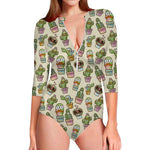 Cute Cartoon Cactus Pattern Print Long Sleeve Swimsuit