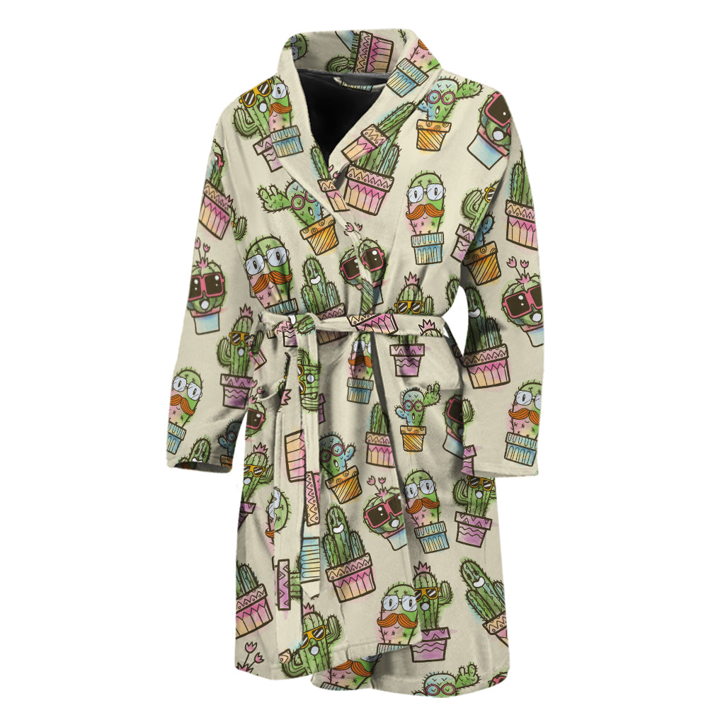 Cute Cartoon Cactus Pattern Print Men's Bathrobe
