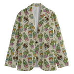 Cute Cartoon Cactus Pattern Print Men's Cotton Blazer