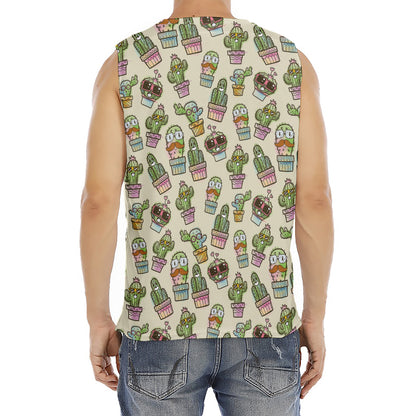 Cute Cartoon Cactus Pattern Print Men's Fitness Tank Top