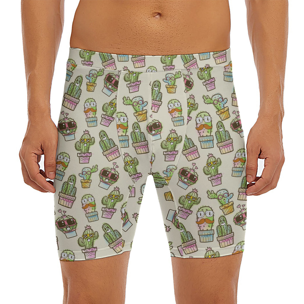 Cute Cartoon Cactus Pattern Print Men's Long Boxer Briefs