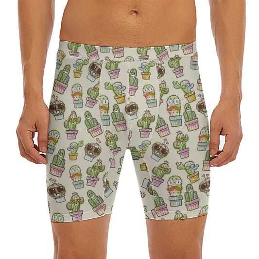 Cute Cartoon Cactus Pattern Print Men's Long Boxer Briefs