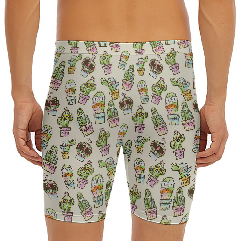 Cute Cartoon Cactus Pattern Print Men's Long Boxer Briefs