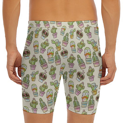 Cute Cartoon Cactus Pattern Print Men's Long Boxer Briefs