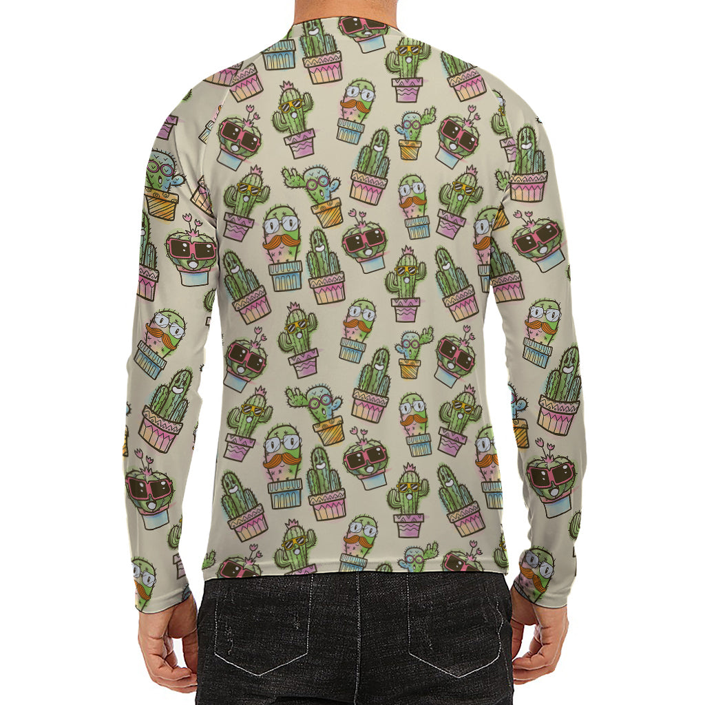 Cute Cartoon Cactus Pattern Print Men's Long Sleeve Rash Guard