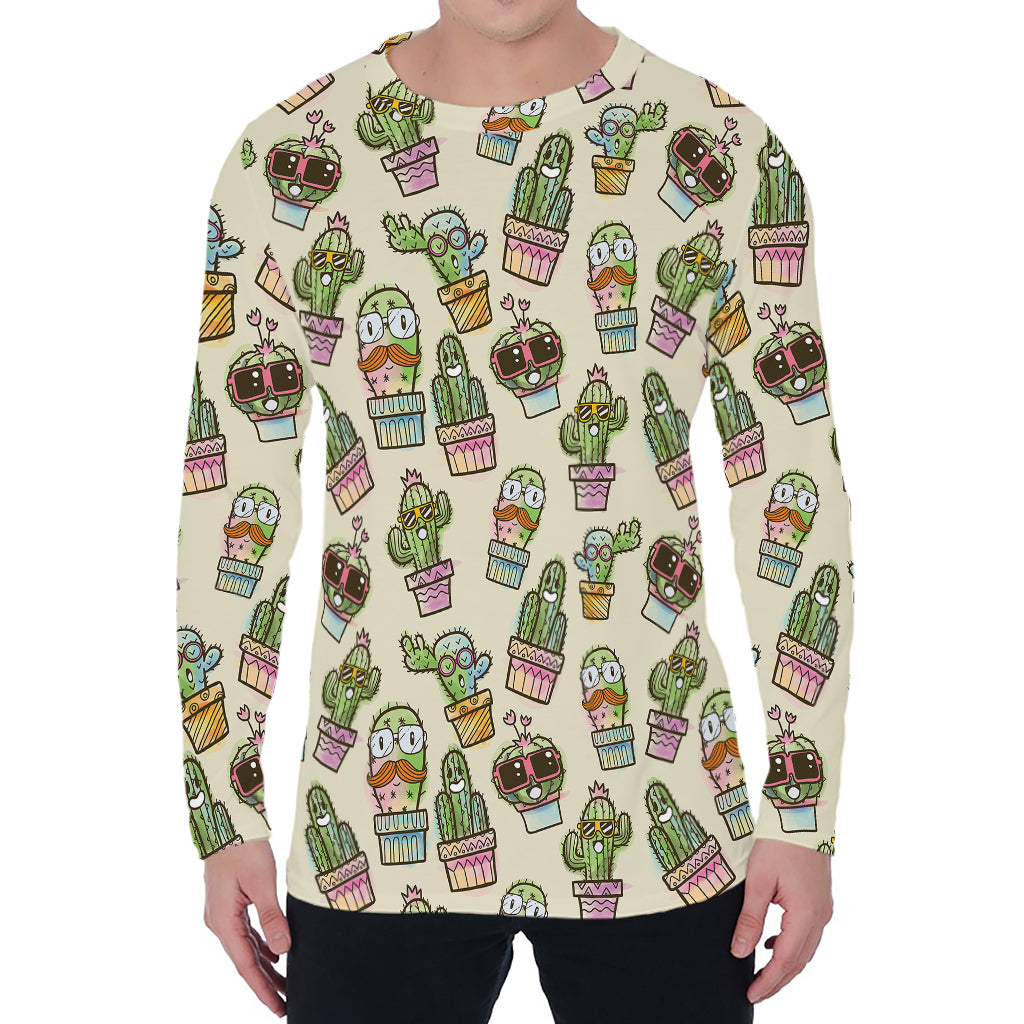 Cute Cartoon Cactus Pattern Print Men's Long Sleeve T-Shirt