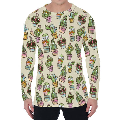 Cute Cartoon Cactus Pattern Print Men's Long Sleeve T-Shirt