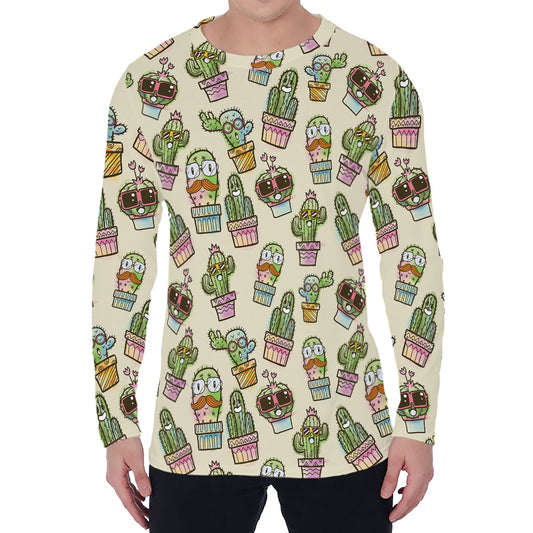 Cute Cartoon Cactus Pattern Print Men's Long Sleeve T-Shirt