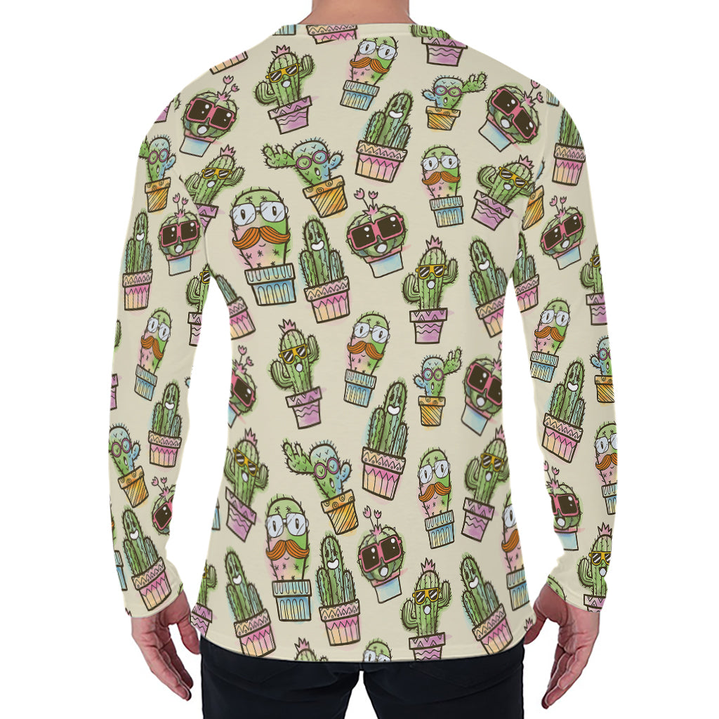 Cute Cartoon Cactus Pattern Print Men's Long Sleeve T-Shirt
