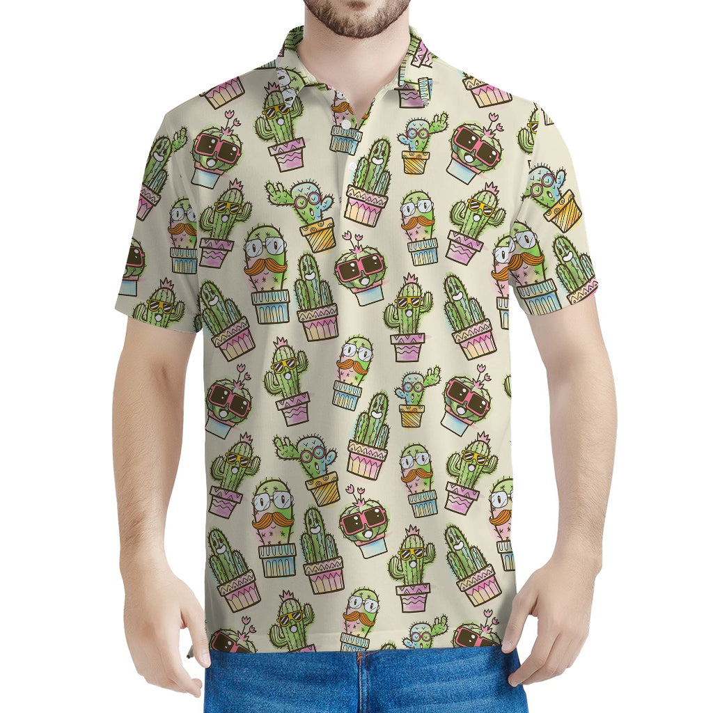 Cute Cartoon Cactus Pattern Print Men's Polo Shirt