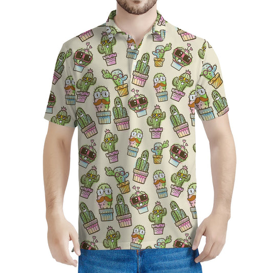 Cute Cartoon Cactus Pattern Print Men's Polo Shirt