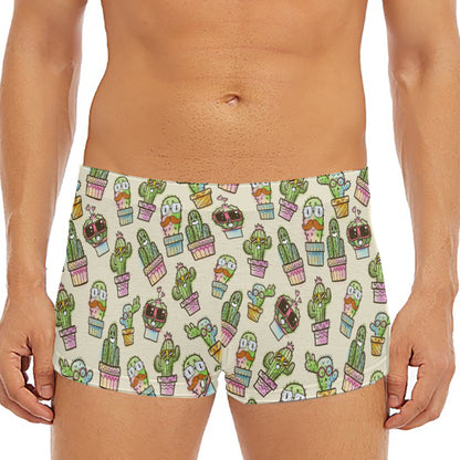 Cute Cartoon Cactus Pattern Print Men's Short Boxer Briefs