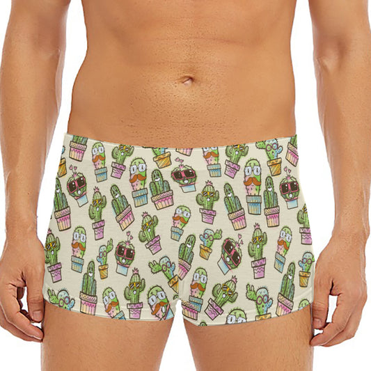 Cute Cartoon Cactus Pattern Print Men's Short Boxer Briefs