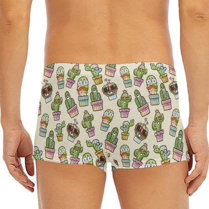 Cute Cartoon Cactus Pattern Print Men's Short Boxer Briefs