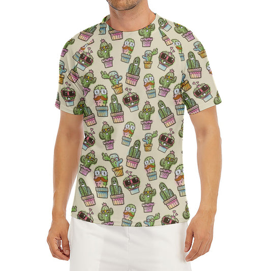 Cute Cartoon Cactus Pattern Print Men's Short Sleeve Rash Guard