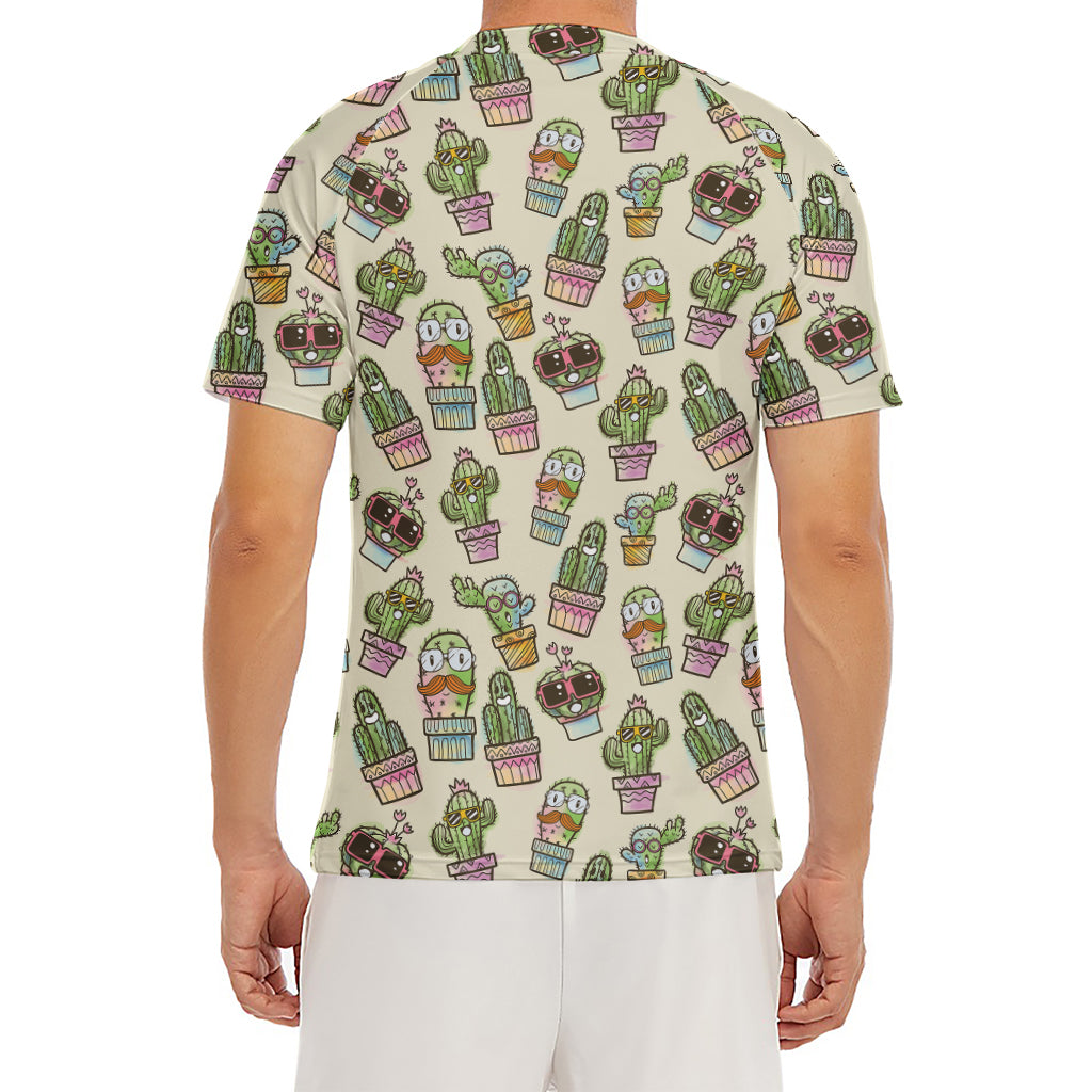 Cute Cartoon Cactus Pattern Print Men's Short Sleeve Rash Guard
