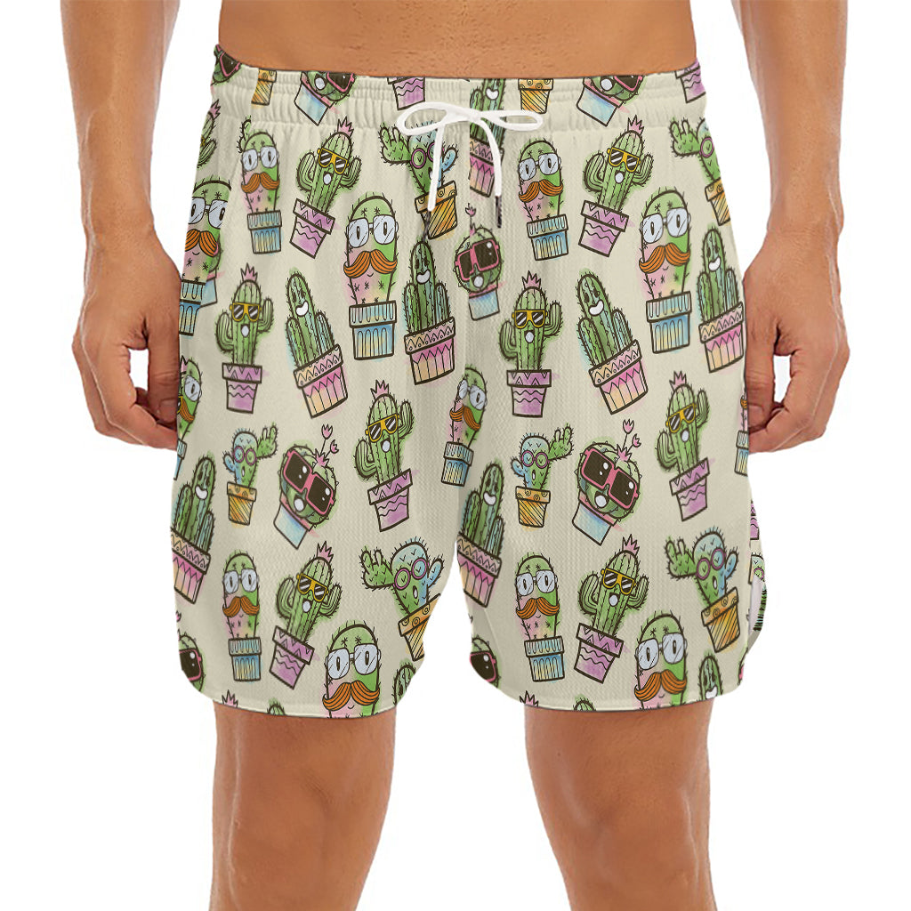 Cute Cartoon Cactus Pattern Print Men's Split Running Shorts