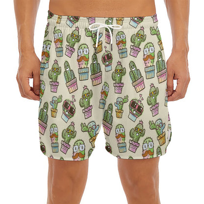 Cute Cartoon Cactus Pattern Print Men's Split Running Shorts