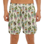 Cute Cartoon Cactus Pattern Print Men's Split Running Shorts
