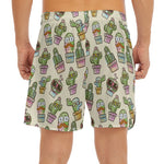 Cute Cartoon Cactus Pattern Print Men's Split Running Shorts