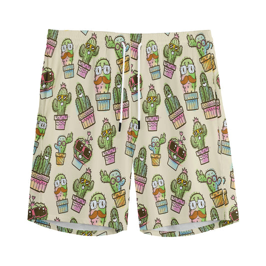 Cute Cartoon Cactus Pattern Print Men's Sports Shorts