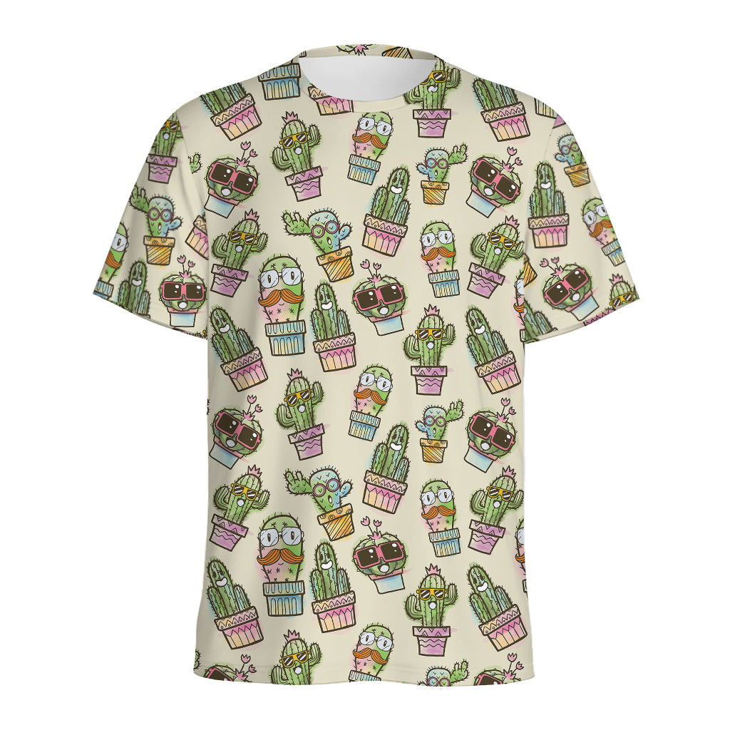 Cute Cartoon Cactus Pattern Print Men's Sports T-Shirt