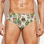 Cute Cartoon Cactus Pattern Print Men's Swim Briefs