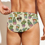 Cute Cartoon Cactus Pattern Print Men's Swim Briefs