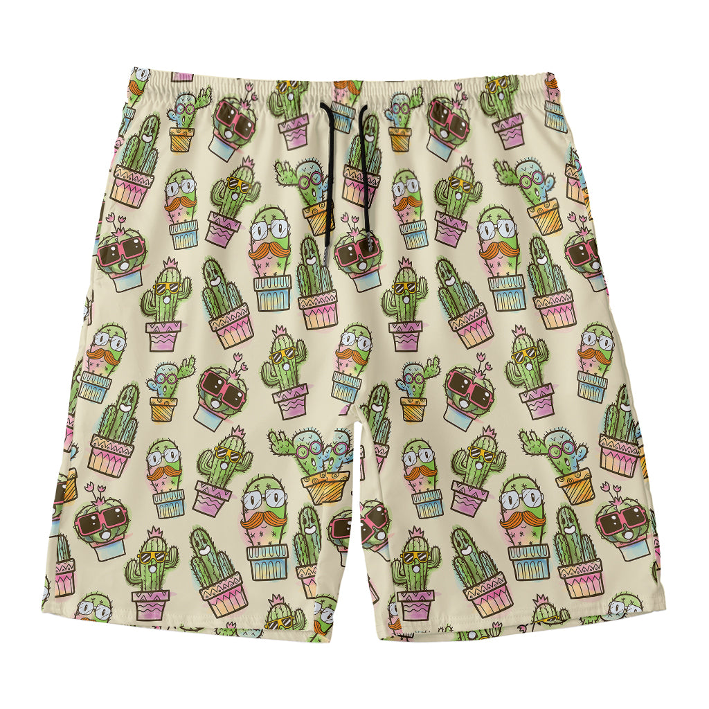 Cute Cartoon Cactus Pattern Print Men's Swim Trunks