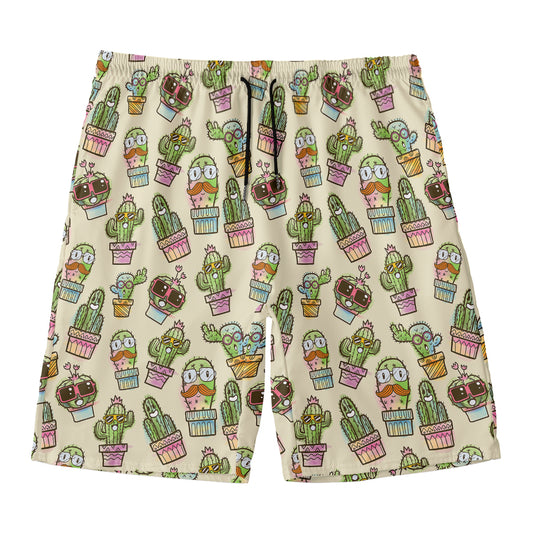 Cute Cartoon Cactus Pattern Print Men's Swim Trunks